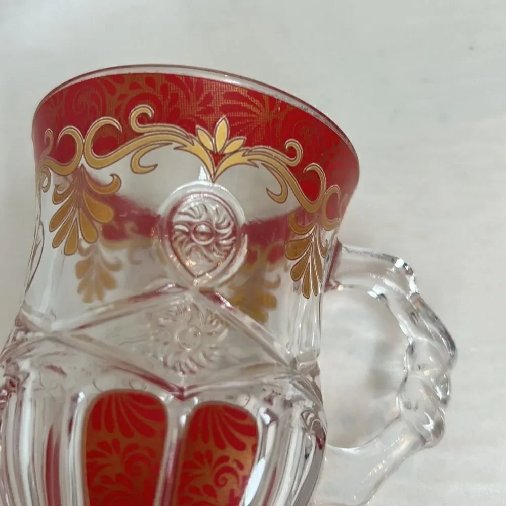 Bohemian Pressed Glass Mug 6 Oz 5 In Tall 2 3/4 In Round Red Gold Set Of 2
